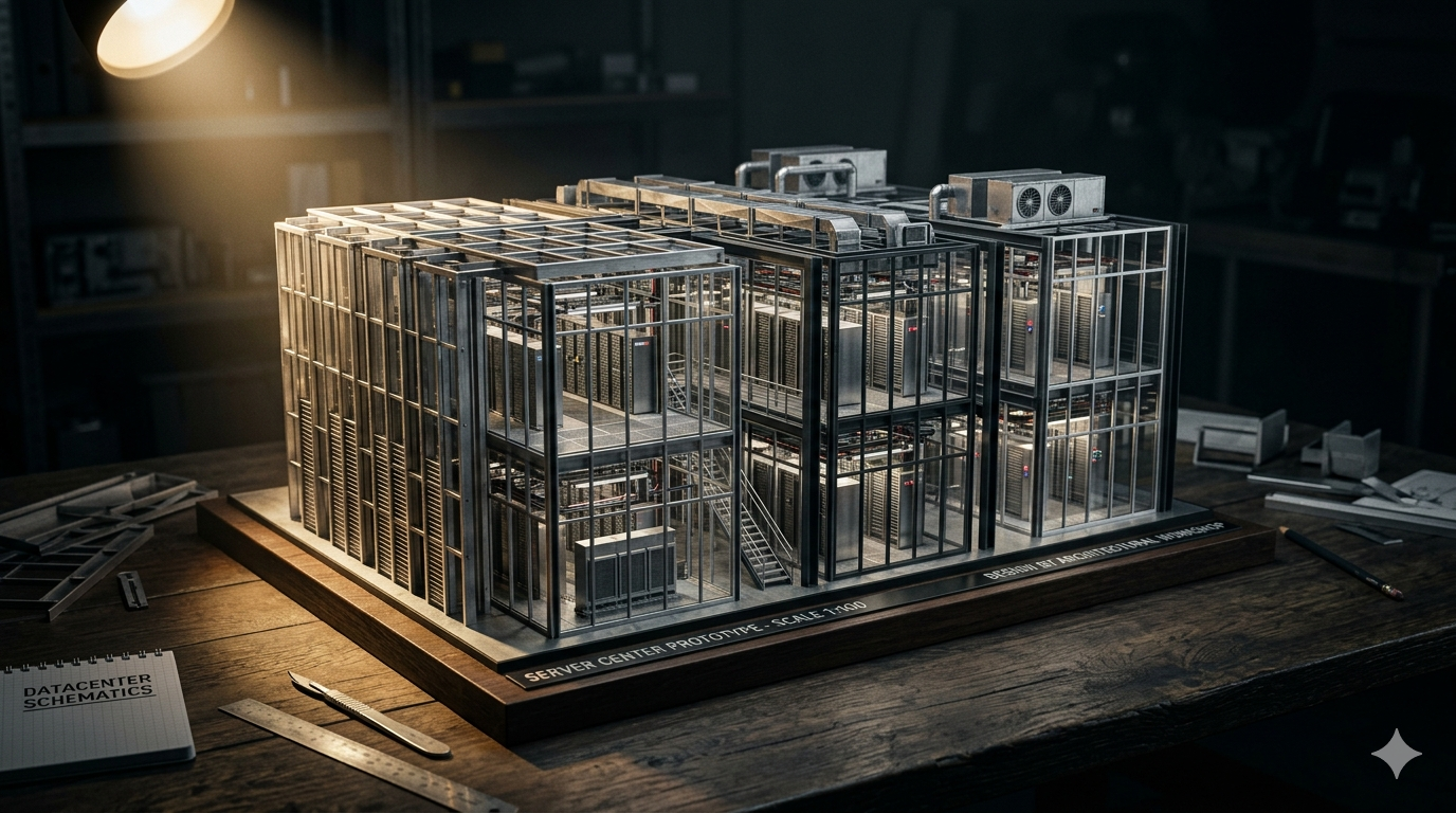Ein hochdetailliertes Architekturmodell eines Rechenzentrums aus Glas und Metall auf einem dunklen Arbeitstisch, das durch einen gezielten Lichtspot dramatisch inszeniert wird.