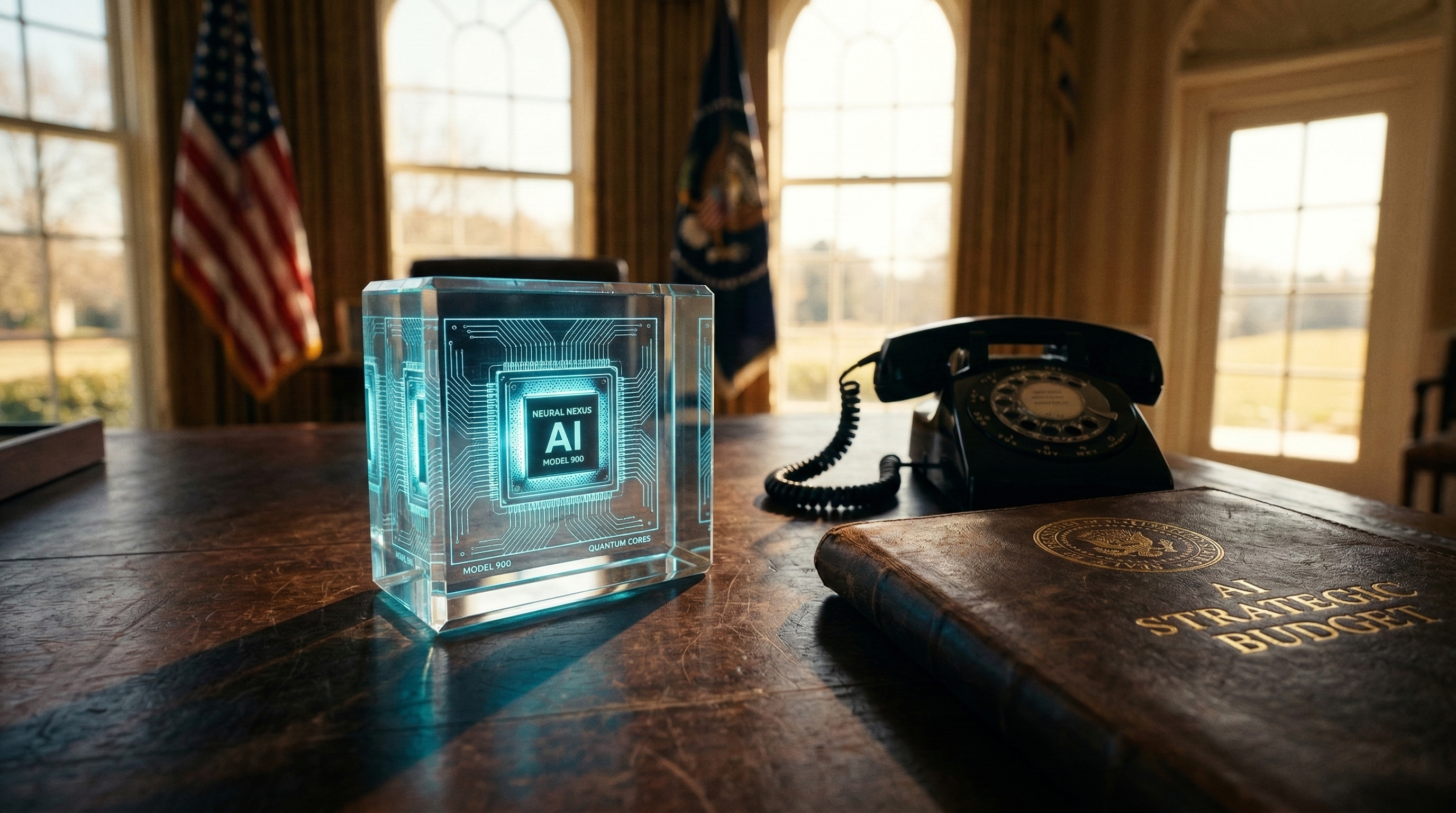 Ein blau leuchtender KI-Prozessor in einem schützenden Acrylblock liegt auf einem antiken Mahagoni-Schreibtisch. Direkt daneben befinden sich ein schwarzes Festnetztelefon und eine geschlossene Ledermappe mit der goldenen Prägung AI Strategic Budget. Im unscharfen Hintergrund deuten amerikanische Flaggen und große Fenster auf das Oval Office hin.