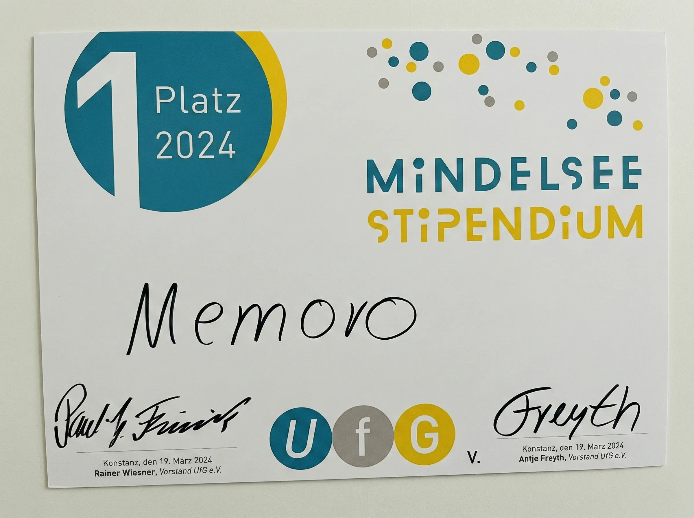 1. Platz Mindelsee Stipendium 2024 - Memoro Urkunde Mindelsee Stipendium 2024: 1. Platz für Memoro