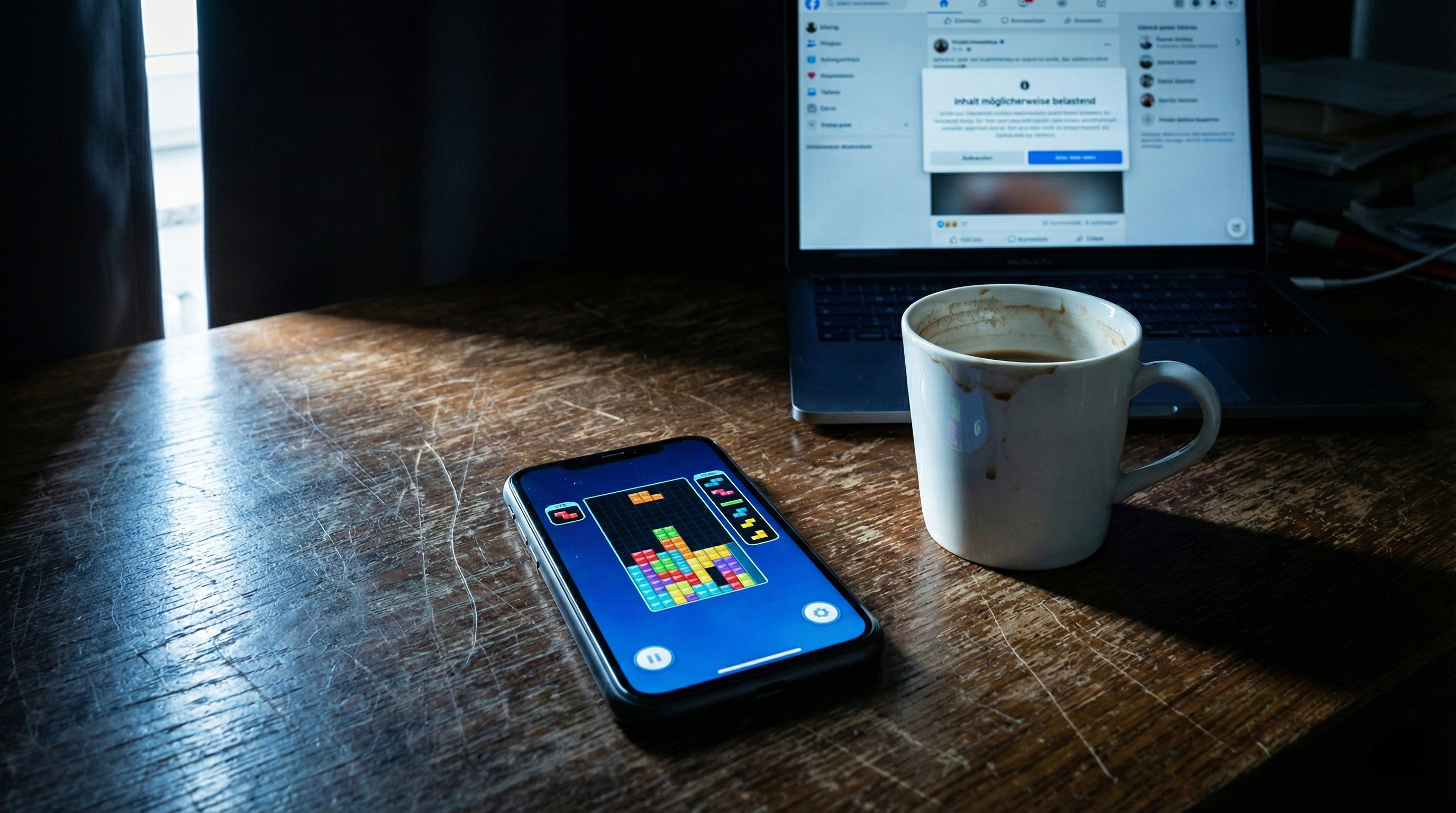 Ein beleuchtetes Smartphone mit einem bunten Block-Puzzle-Spiel liegt neben einer fleckigen weißen Kaffeetasse auf einem stark zerkratzten Holztisch. Im dunklen und unscharfen Hintergrund ist ein Laptopbildschirm mit einer Inhaltswarnung zu erkennen.